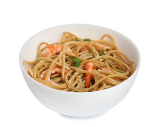 Tasty buckwheat noodles with shrimps in bowl isolated on white