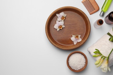 Photo of Flat lay composition with different spa products on white background. Space for text