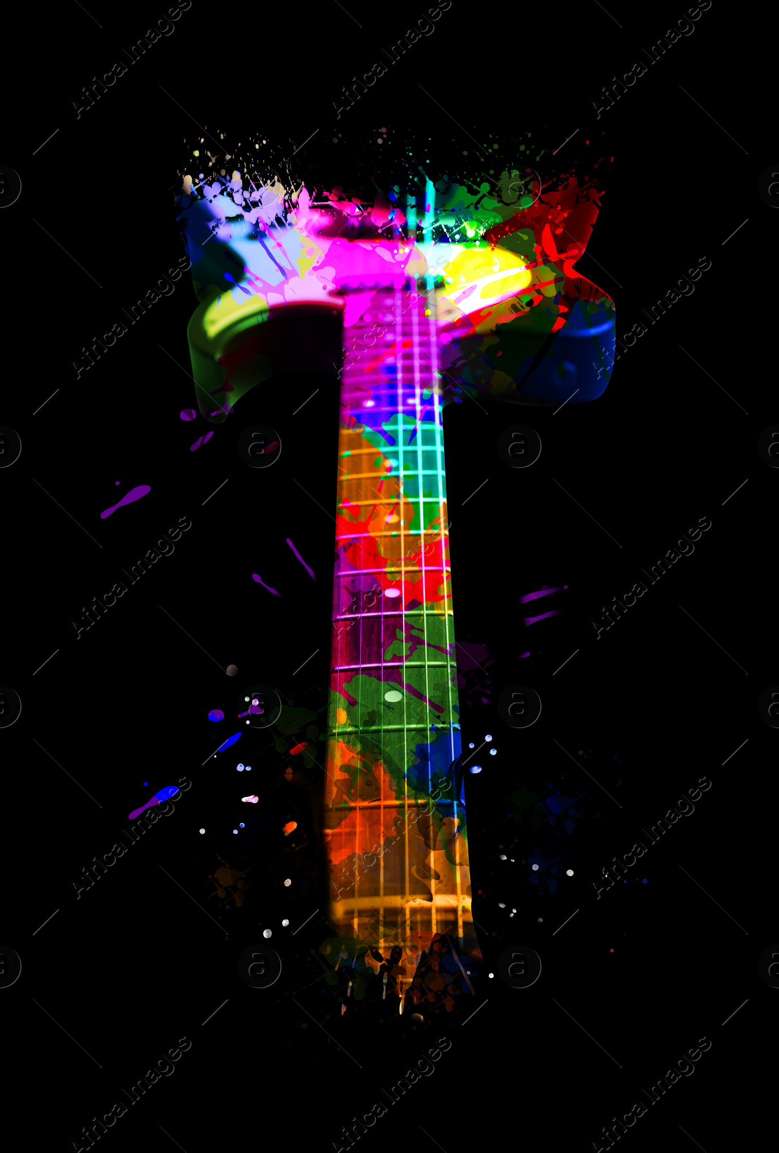 Image of Bright colorful design with electric guitar on black background, closeup. Rock music concept