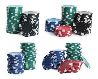 Image of Set with stacks of different casino chips on white background. Poker game