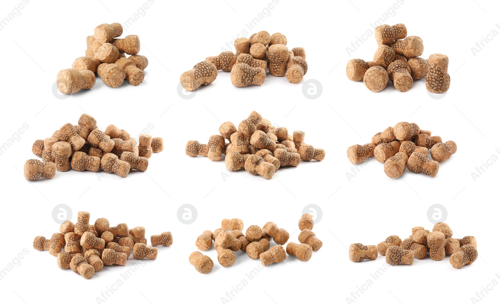 Image of Set with corks of sparkling wine bottles on white background