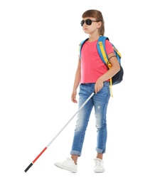 Photo of Blind girl with long cane walking on white background