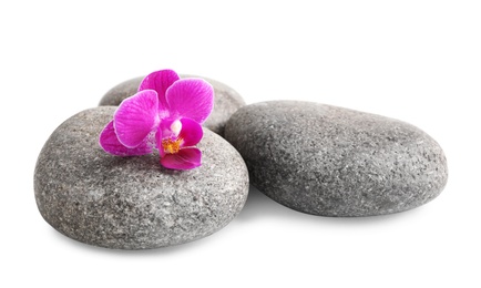 Pile of spa stones and orchid flower on white background