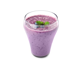 Glass of tasty blueberry smoothie with mint on white background