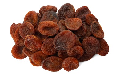 Photo of Tasty dried apricots on white background, top view