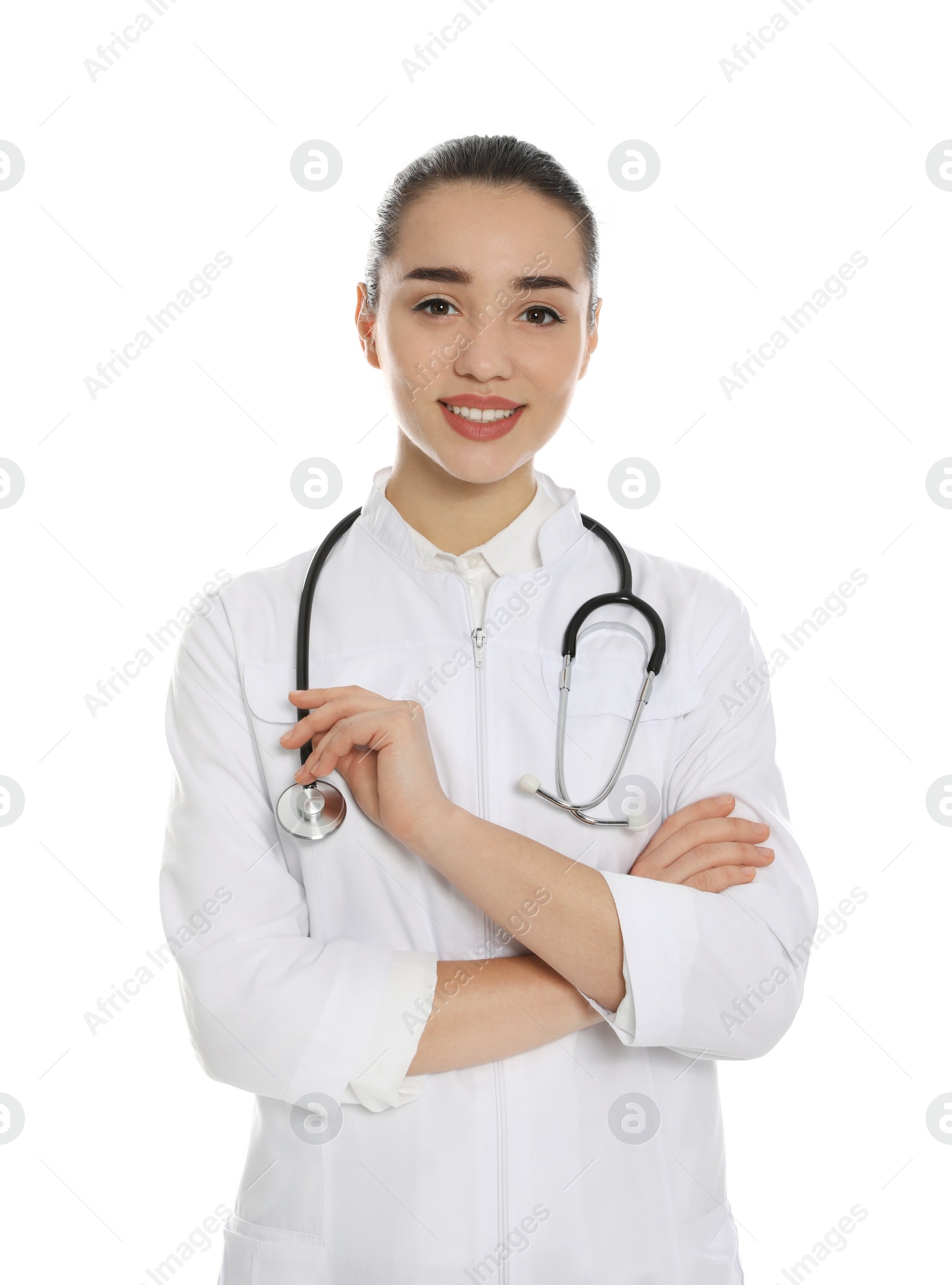 Photo of Portrait of medical doctor with stethoscope isolated on white