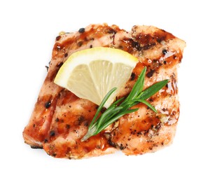 Photo of Tasty grilled salmon with rosemary and lemon on white background, top view