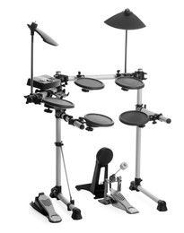 Photo of Modern electronic drum kit on white background. Music instrument