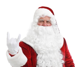 Photo of Funny Santa Claus showing rock gesture on white background. Christmas time