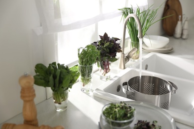 Photo of Glasses with fresh herbs on windowsill near sink in kitchen