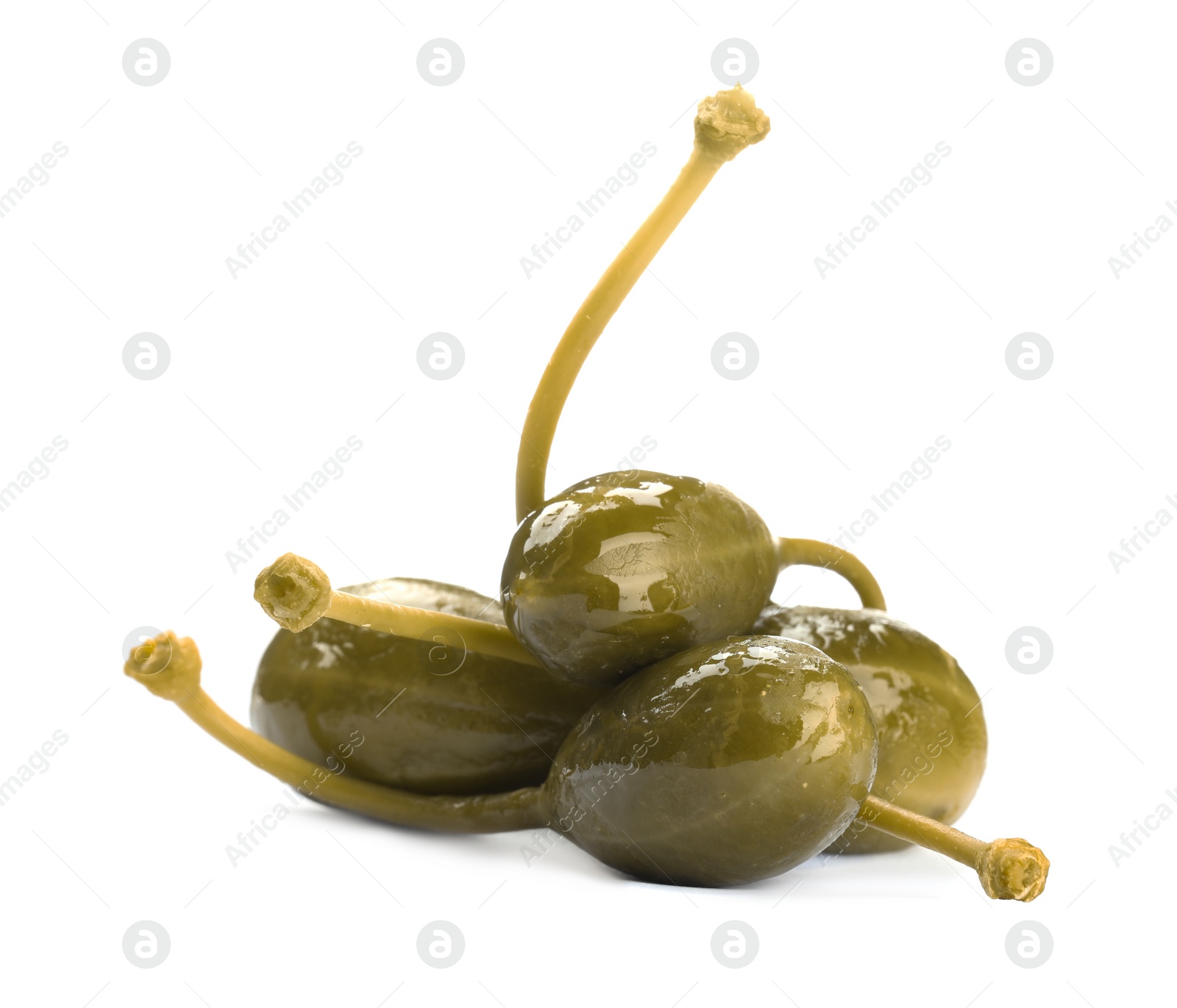 Photo of Many delicious pickled capers on white background