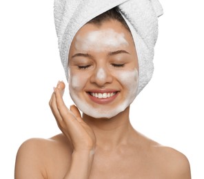 Photo of Young woman washing face with cleansing foam on white background. Skin care cosmetic