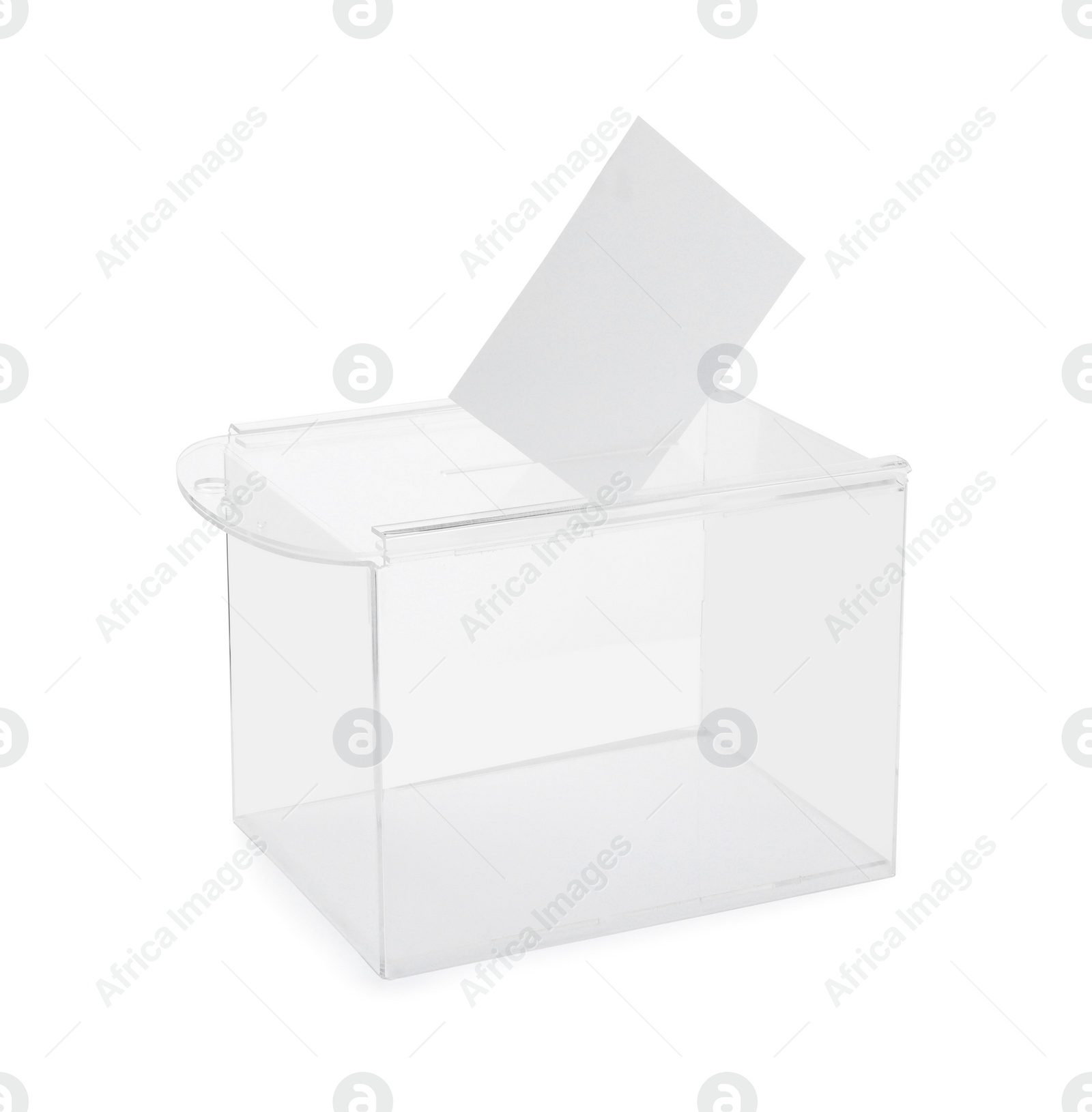 Photo of Transparent ballot box with vote isolated on white