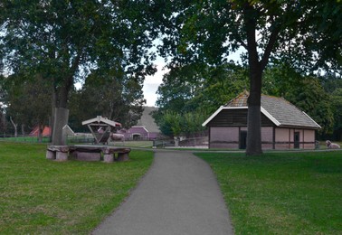 Picturesque view of petting zoo on autumn day