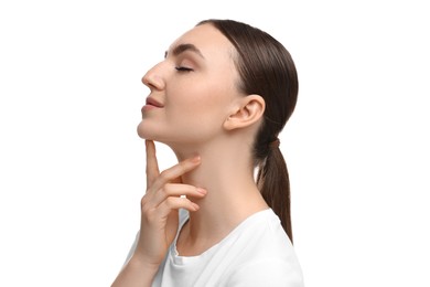 Photo of Beautiful woman touching her chin on white background