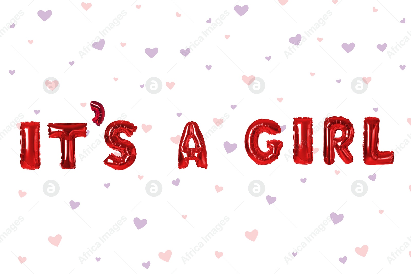 Image of Phrase ITS A GIRL made of foil balloon letters and hearts on white background. Baby shower party