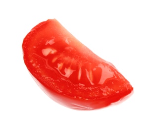 Photo of Slice of ripe tomato on white background