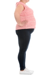 Overweight woman on white background, closeup. Weight loss