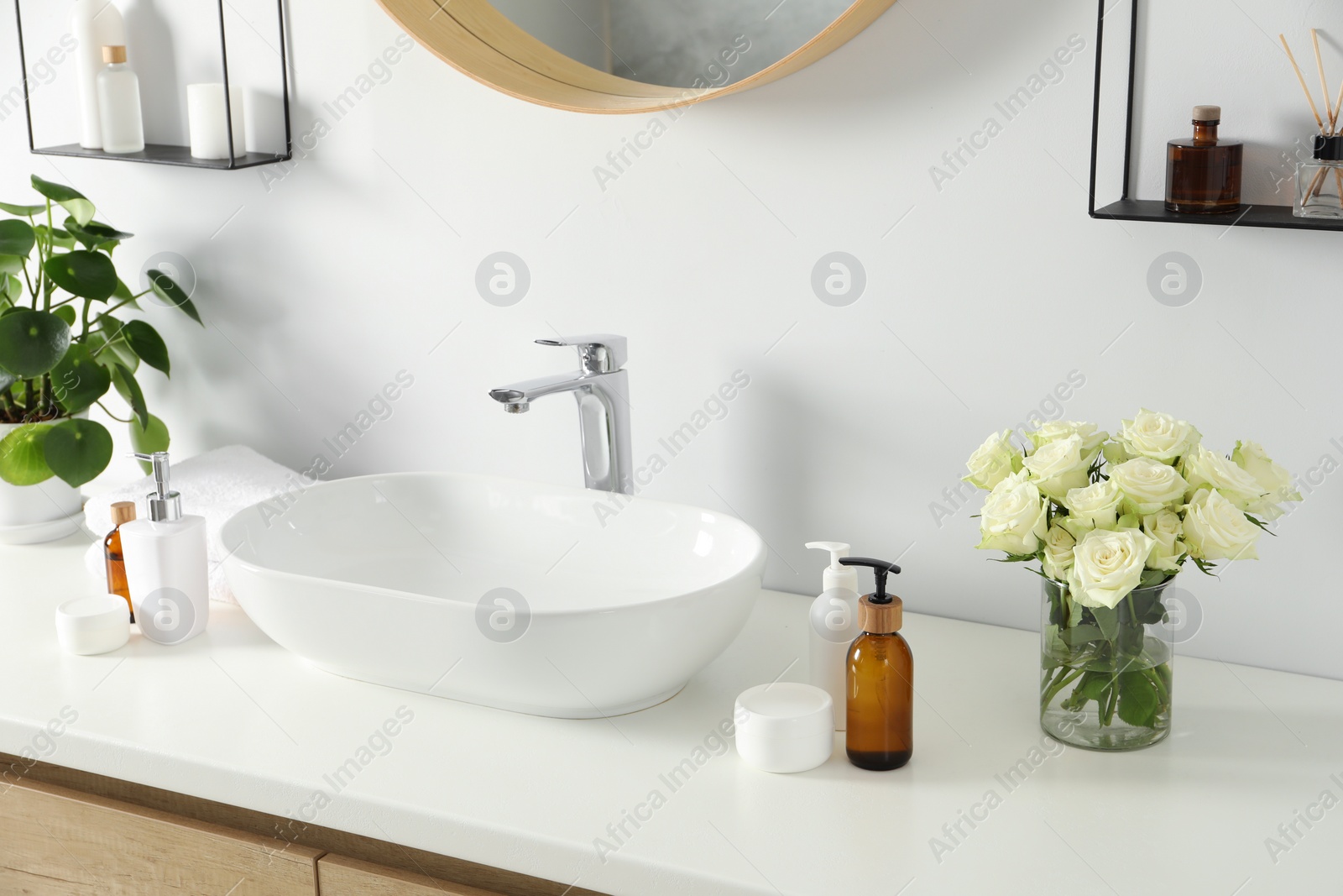 Photo of Beautiful roses, houseplant and bath accessories near sink in bathroom