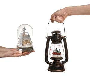 Image of Collage with photos of people holding snow globes on white background