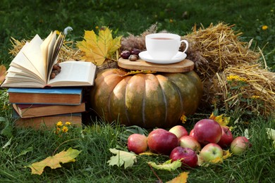 Books, pumpkin, apples and cup of tea on green grass outdoors. Autumn season