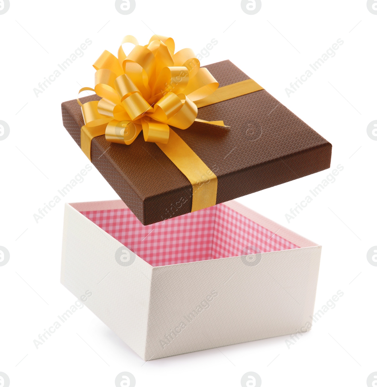 Photo of Open empty gift box with bow on white background