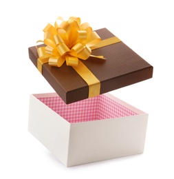 Photo of Open empty gift box with bow on white background