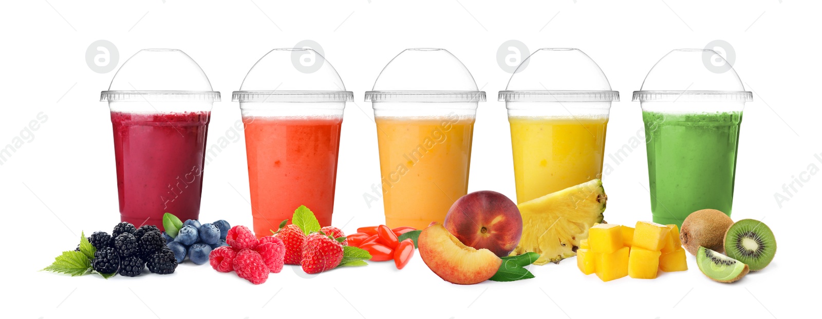 Image of Different delicious smoothies in plastic cups on white background. Banner design