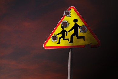 Image of School shooting. Warning sign Children with bullet holes against dark dramatic sky