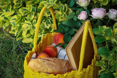 Yellow wicker bag with roses, peaches, book and baguette outdoors, closeup