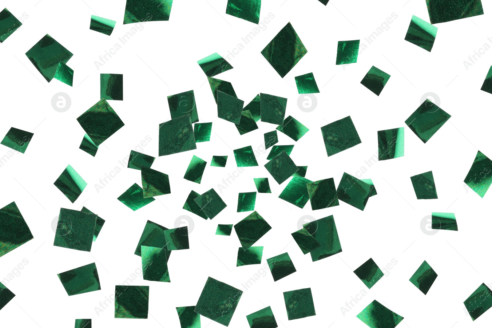 Image of Shiny green confetti falling on white background