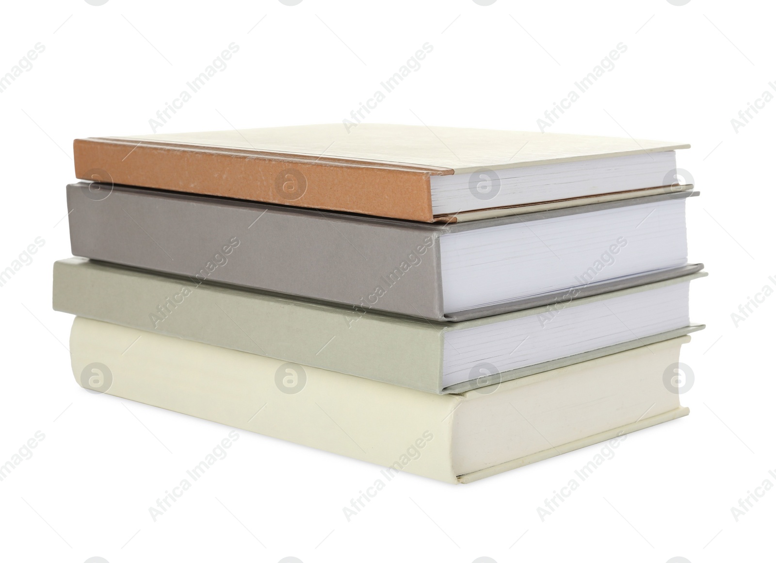 Photo of Many different books stacked on white background