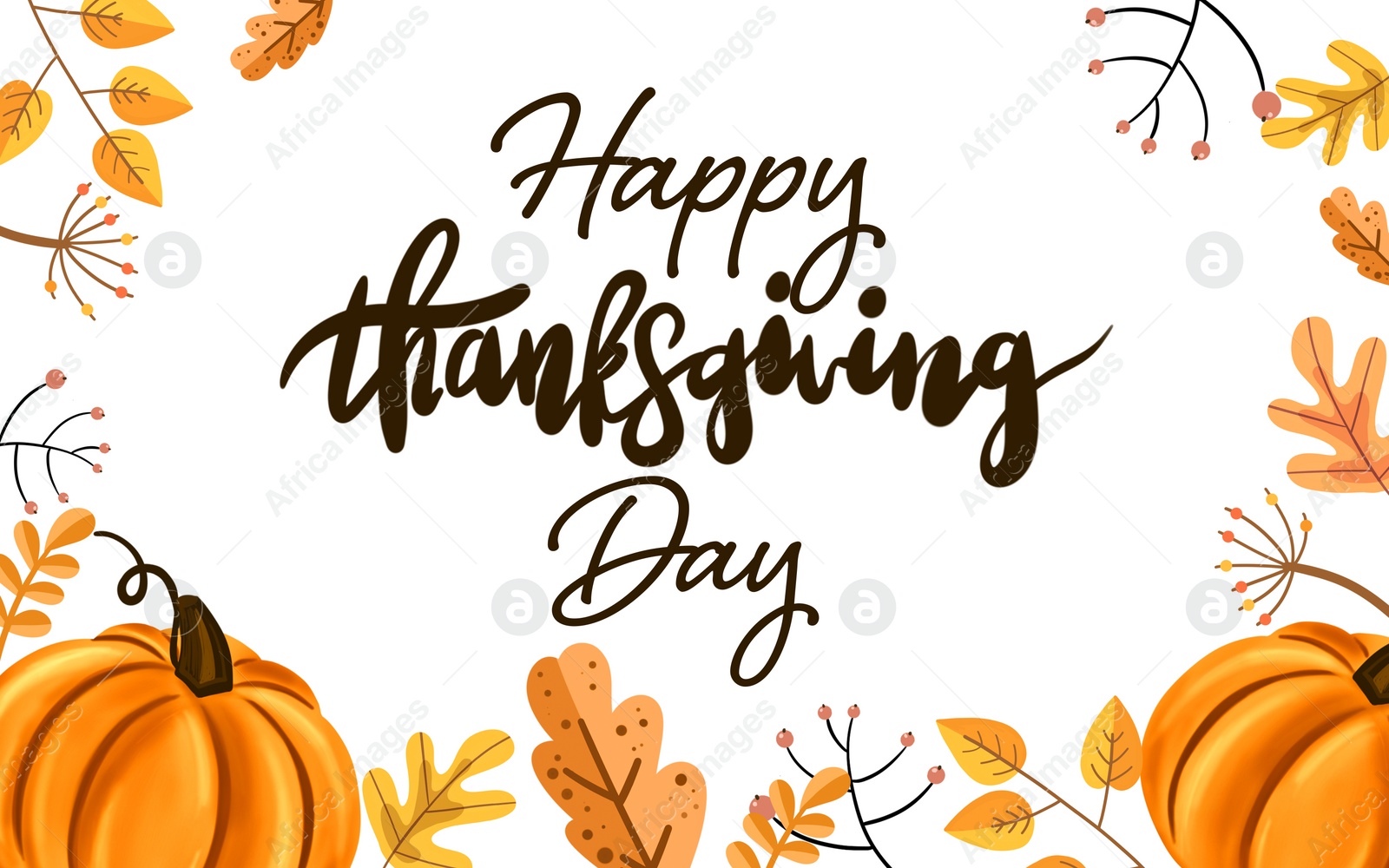 Illustration of Thanksgiving day card design. Text surrounded by autumn leaves and pumpkins on white background, illustration