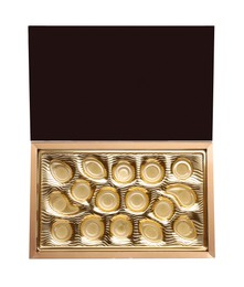 Photo of Empty box of chocolate candies isolated on white, top view