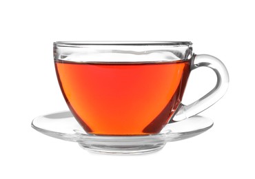 Photo of Glass cup of aromatic rooibos tea isolated on white