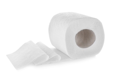 Photo of Roll of toilet paper on white background. Personal hygiene