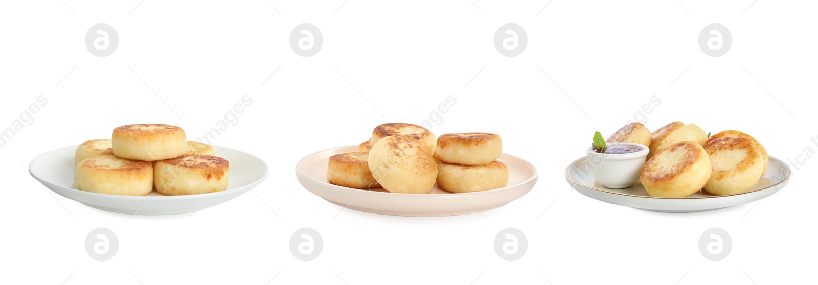 Image of Set with delicious cottage cheese pancakes on white background. Banner design