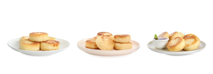 Set with delicious cottage cheese pancakes on white background. Banner design