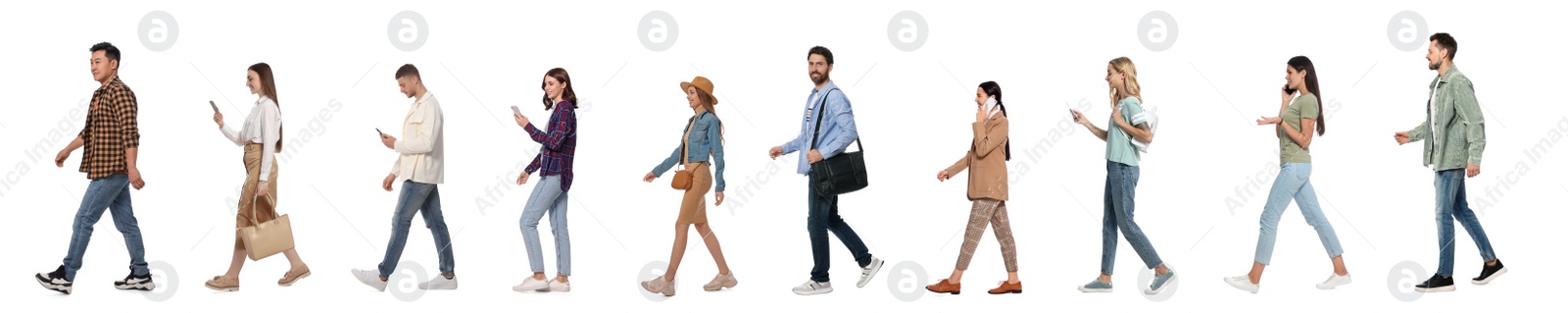 Image of Collage with photos of people wearing stylish outfit walking on white background. Banner design