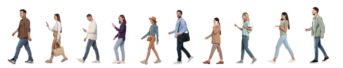 Image of Collage with photos of people wearing stylish outfit walking on white background. Banner design