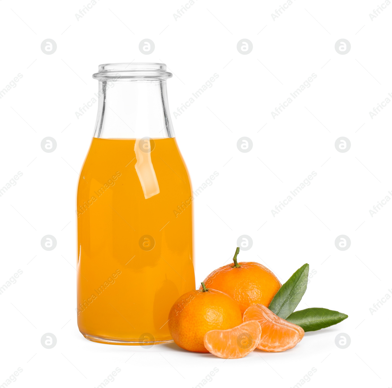 Photo of Fresh tangerines and bottle of juice isolated on white