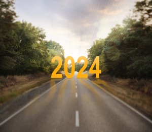 Image of Start of new 2024 year. Asphalt road leading to numbers