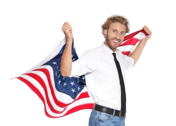 Photo of Young man with American flag on white background