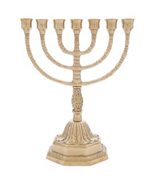 Photo of Beautiful golden Hanukkah menorah isolated on white