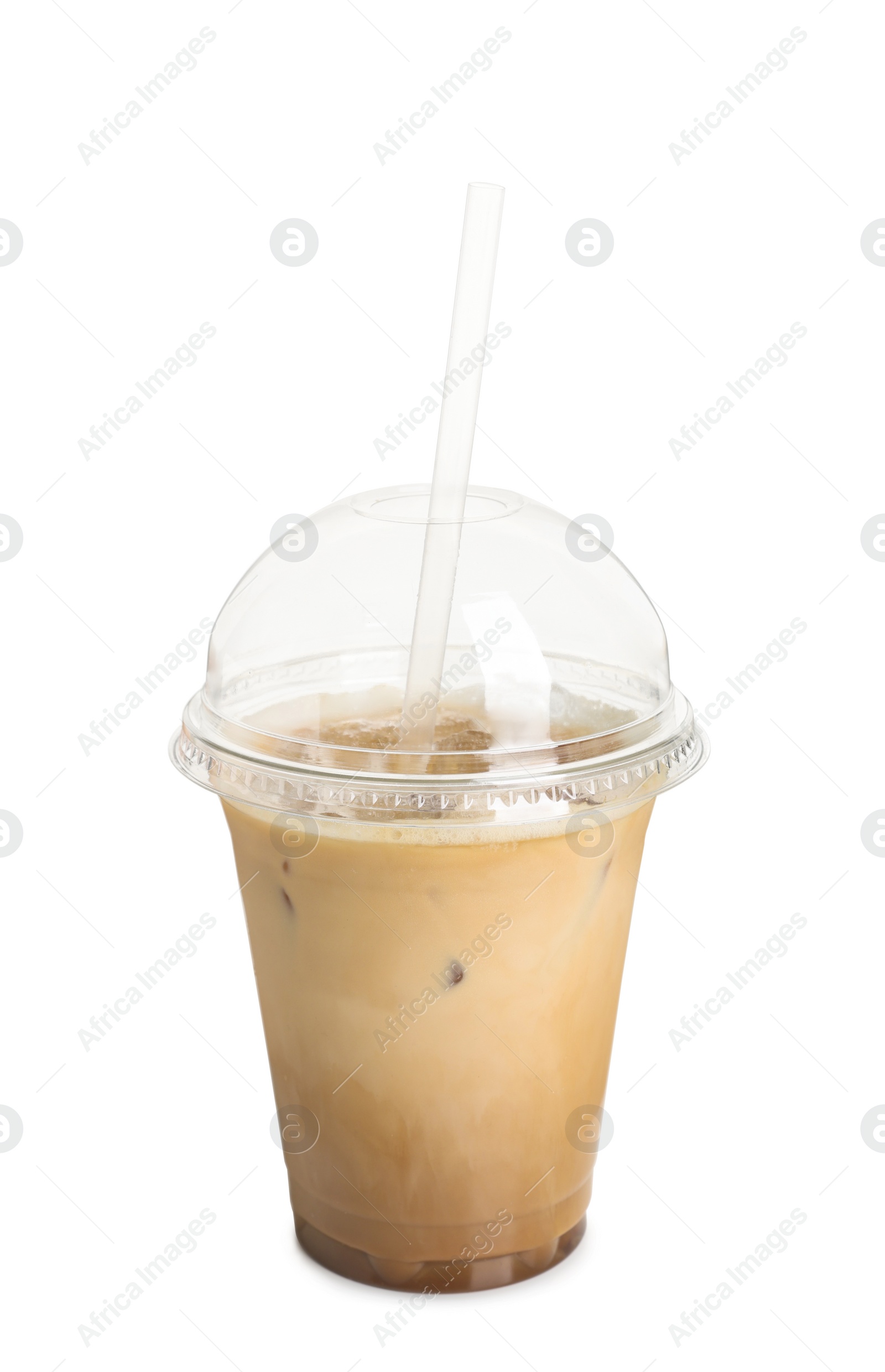 Photo of Takeaway plastic cup with cold coffee drink and straw isolated on white