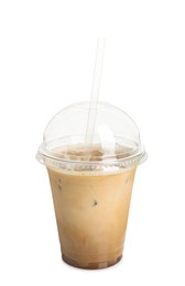 Photo of Takeaway plastic cup with cold coffee drink and straw isolated on white
