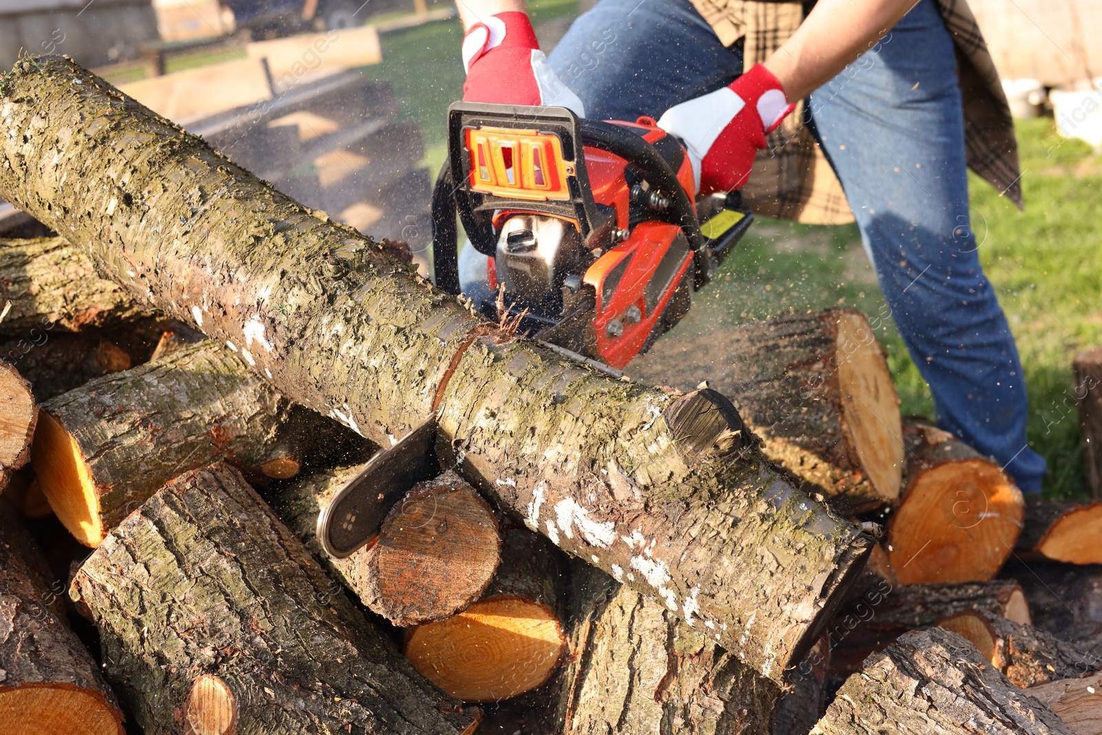 Photo of Man sawing wood on sunny day, closeup view