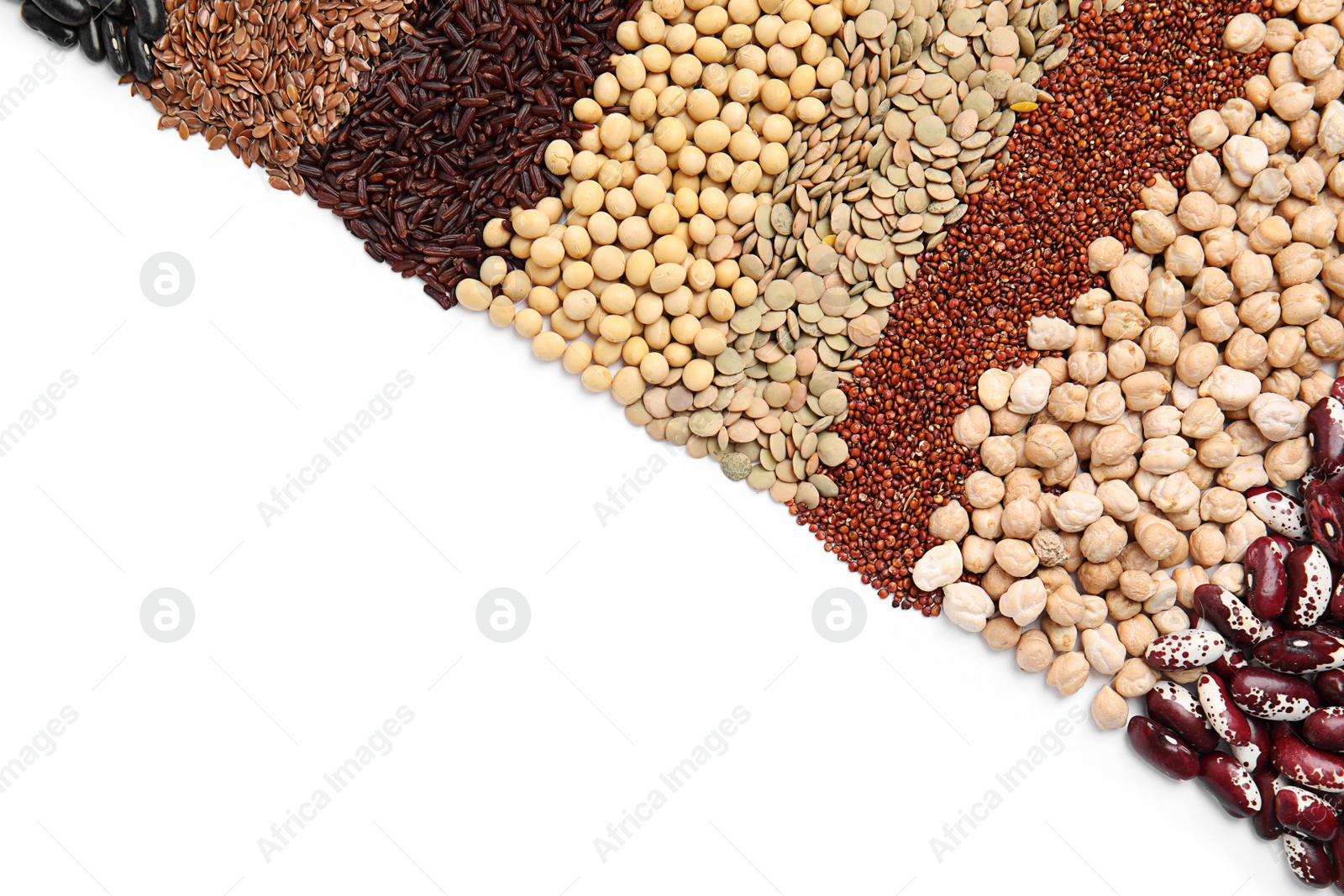 Photo of Various raw veggie seeds on white background, top view