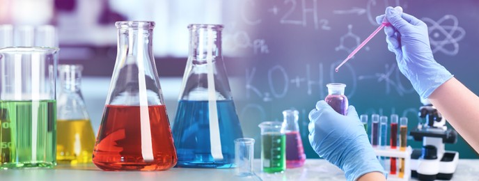 Image of Chemistry and chemical research. Collage of laboratory glassware and scientist working with liquid. Banner design
