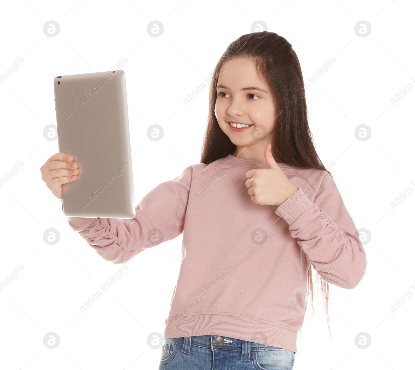 Photo of Little girl using video chat on tablet against white background